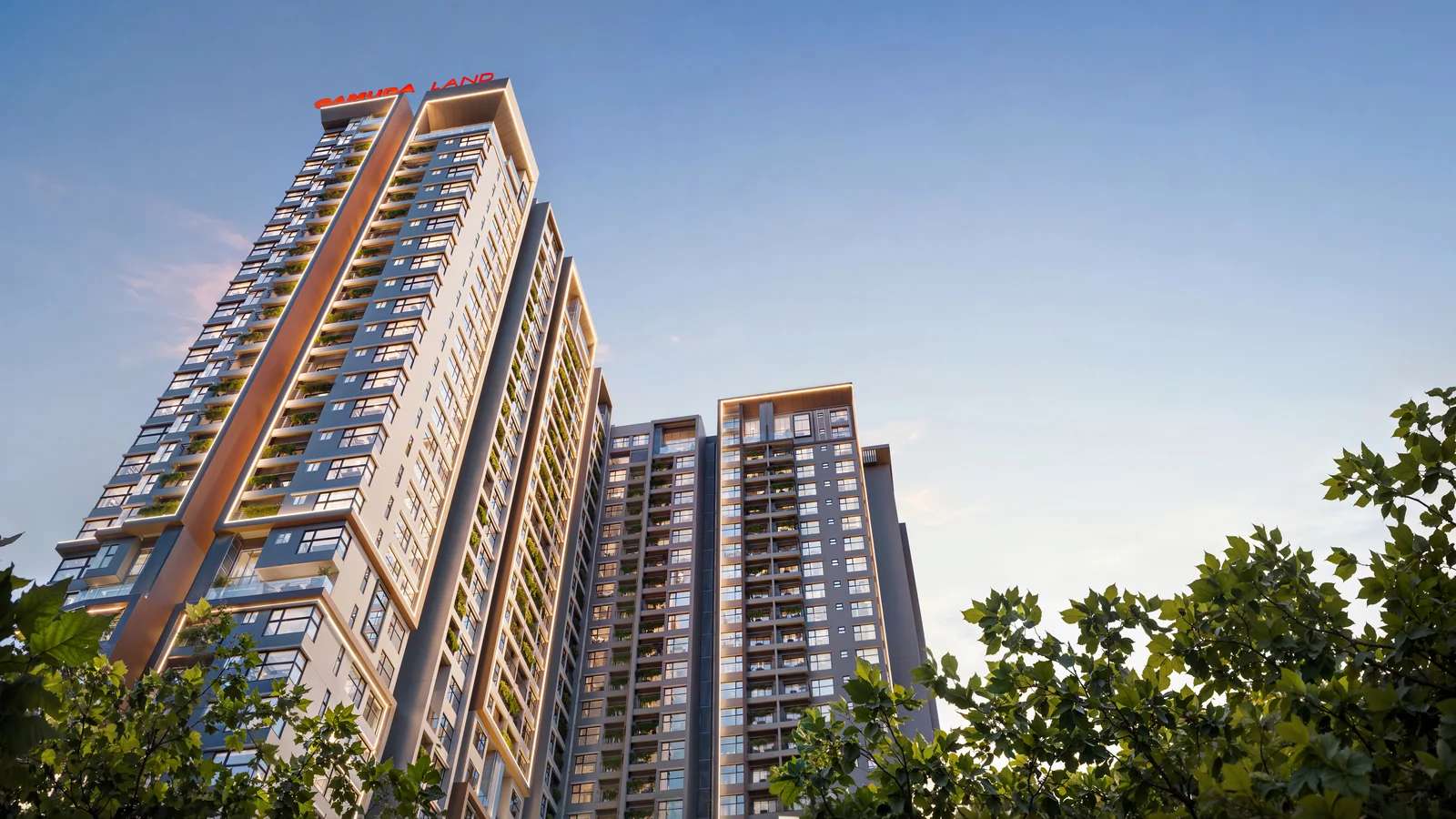 仰望 Ambience 雙塔立面與綠意的建築外觀示意