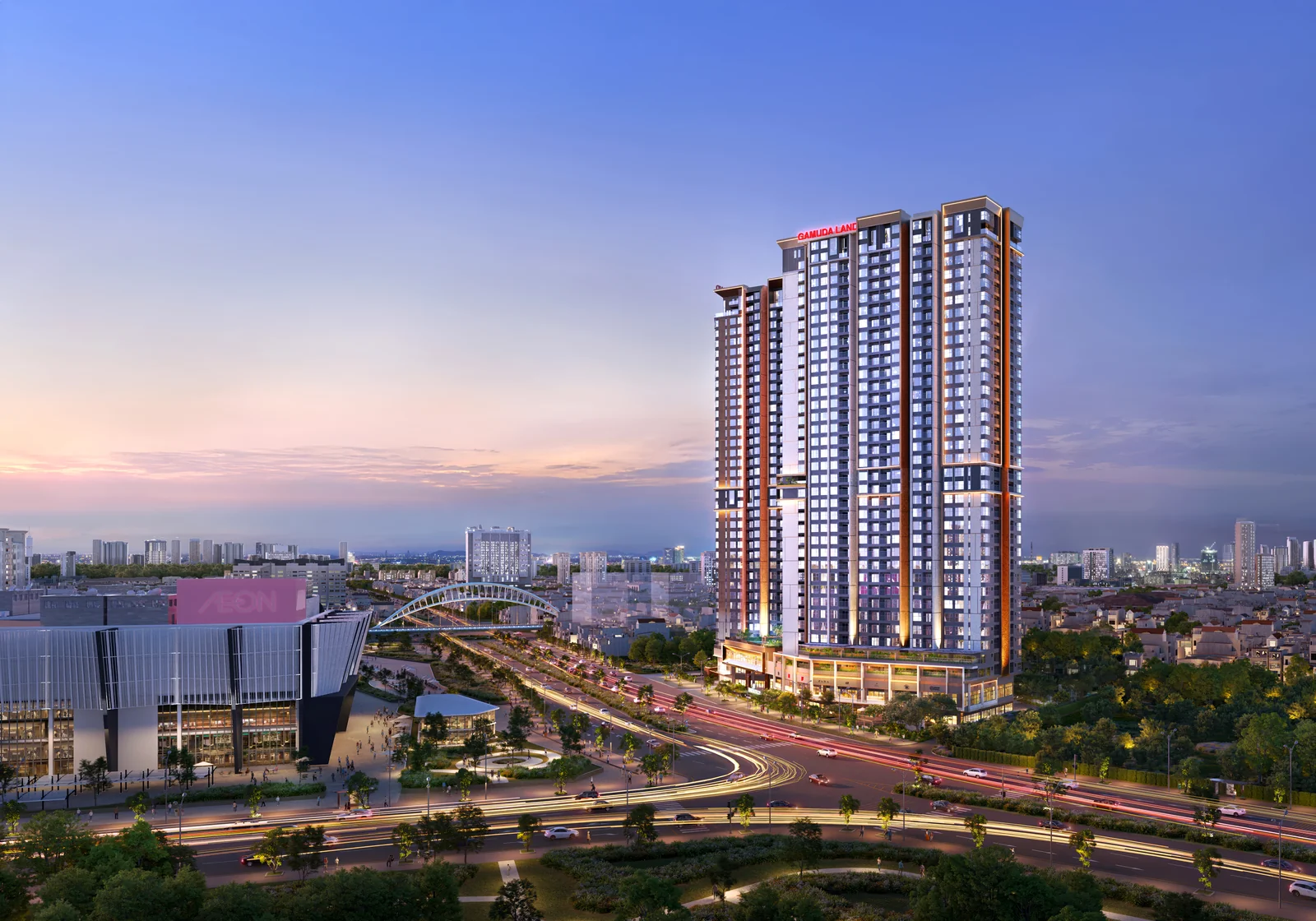 Ambience 塔樓於暮色中俯瞰海防街道的建築外觀示意